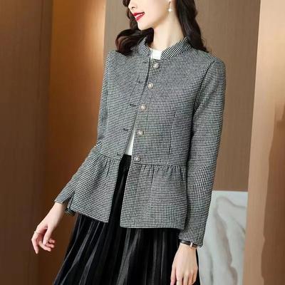 Jacket Women Spring and Autumn Slim Short Versatile Small Suit Plaid Casual Black Button Cardigan Tweed Blouse