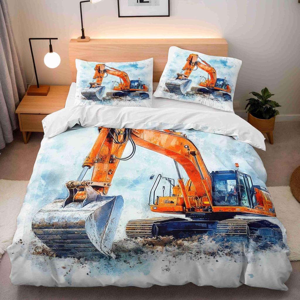 Kids Single Duvet Cover Set for Boys, Cartoon Car Tractor Excavator Bedding for Teenage Boy, Equipment Trucks Quilt Cover set