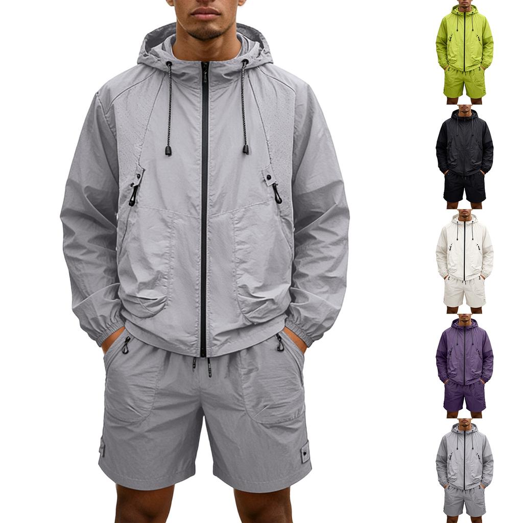 Men's Quick Dry Hooded Jacket and Shorts Set Lightweight Breathable Sun Protection Outdoor Sportswear Long Sleeve Zip Up Windbreaker