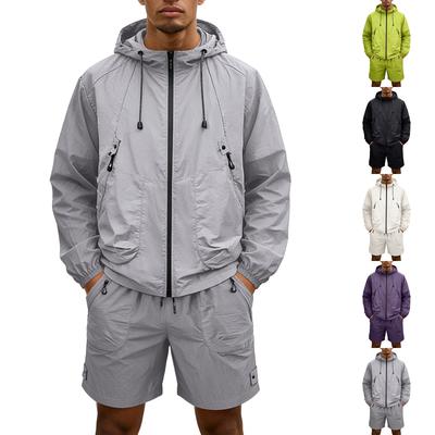 Men's Quick Dry Hooded Jacket and Shorts Set Lightweight Breathable Sun Protection Outdoor Sportswear Long Sleeve Zip Up Windbreaker