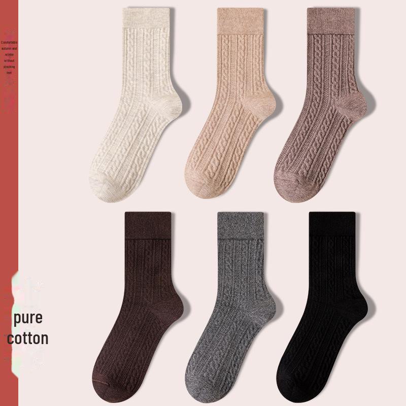 Women's Retro Twist Pure Cotton Mid-Tube Socks - Antibacterial, Deodorant, Autumn/Winter, White Long Socks.