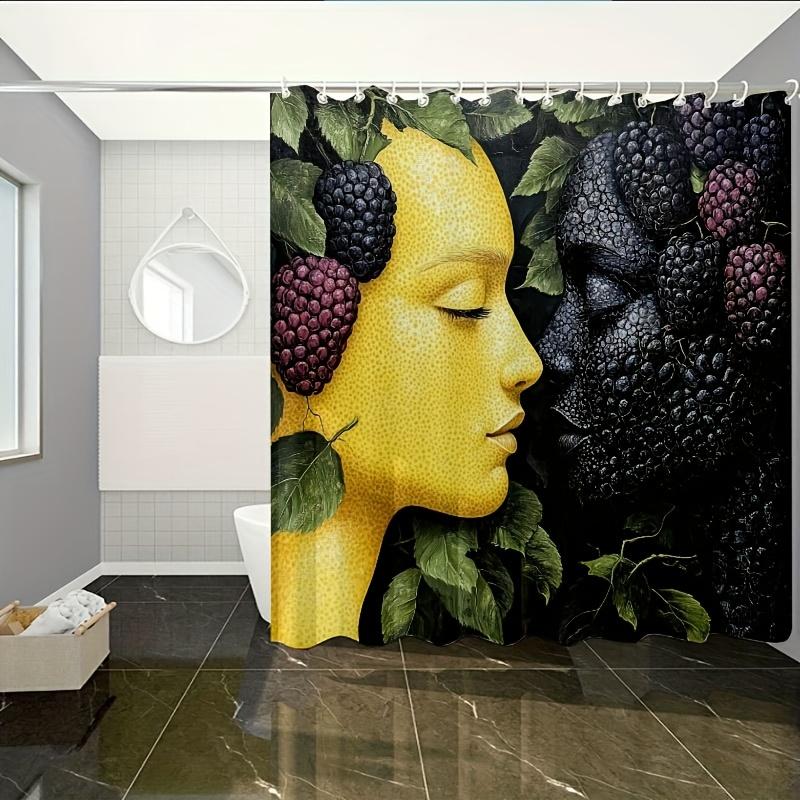 Golden Face & Berry Print Waterproof Shower Curtain For Bathroom, Unique Artistic Design High-End Toilet Partition Curtain