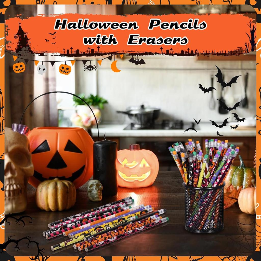 48 Pieces Halloween Pencils with Eraser Assortment Halloween Themed Pencil Ghost Pumpkin Skeleton Bat Spider Wooden Pencils for Halloween Party Favor