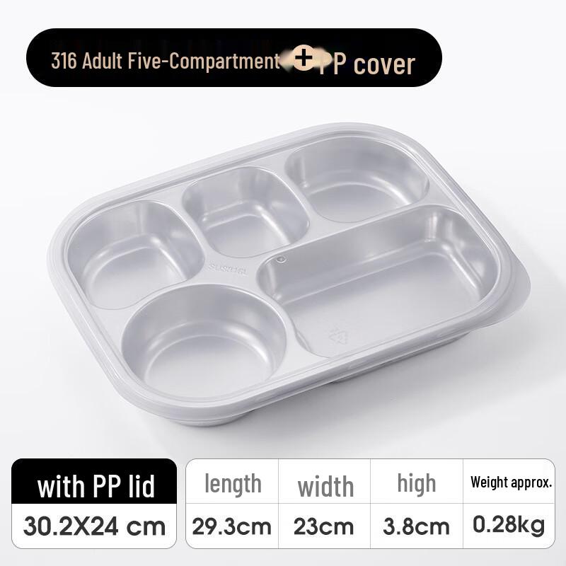 Jiyoushi 316 Stainless Steel 5-Compartment Deepened Meal Tray with PP Lid
