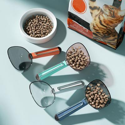 2-in-1 Pet Food Scoop with Bag Clip Multi-Function Dog Food Spoon for Dogs Cats Long Handle Transparent Pet Measuring Cup for Portion Control
