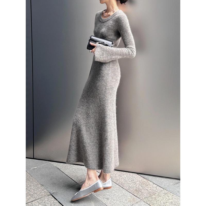 

[] Ленивое высококлассное серое платье с вязаными рукавами-фонариками, женское осеннее приталенное пальто с длинным платьем внутри XL