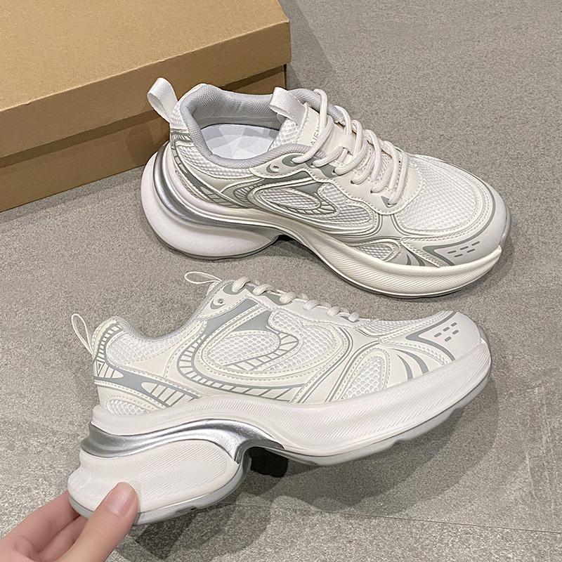 Fashion Sneakers Women Mesh Mixed Gray Round Toe Lace-up Thick Sole 2024 Spring Breathable Female Shoes Handmade