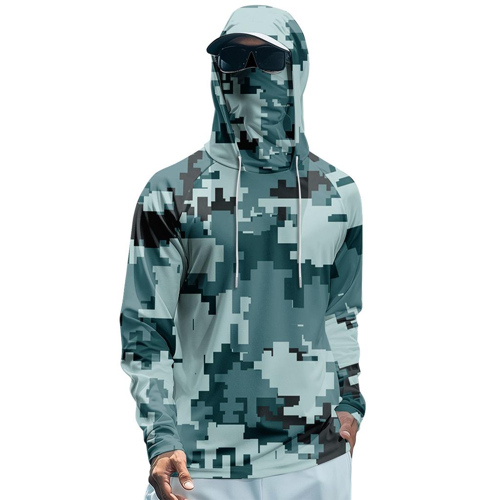 Men's Summer Camouflage Quick-drying Long-sleeved T-shirt Sun Clothing Fishing Fitness Sports Hooded Long-sleeved Top