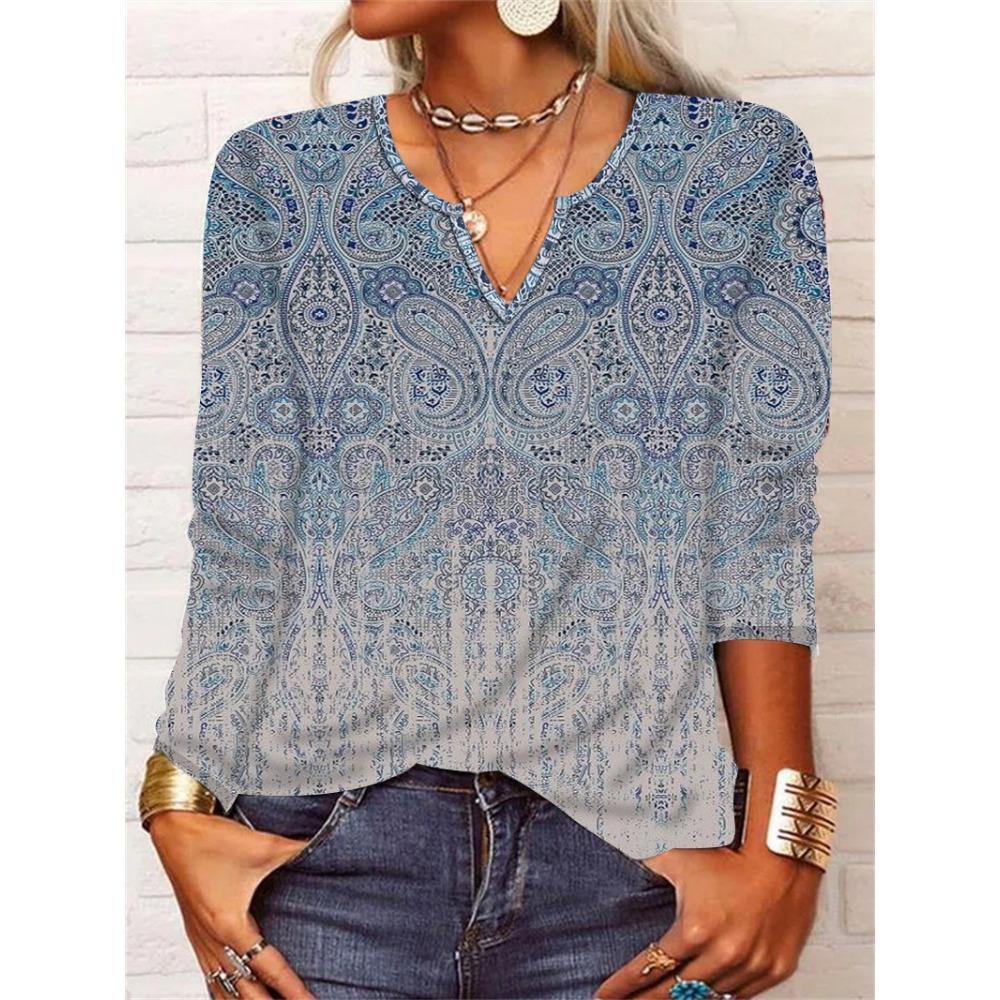 GMXIA Autumn Loose Long Sleeve Flower Bold V-neck T-shirt Base for Women