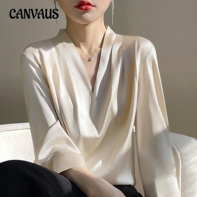 Camisa de seda para mulheres primavera e verão camisa decote em v simples manga de nove pontos temperamento versátil top francês