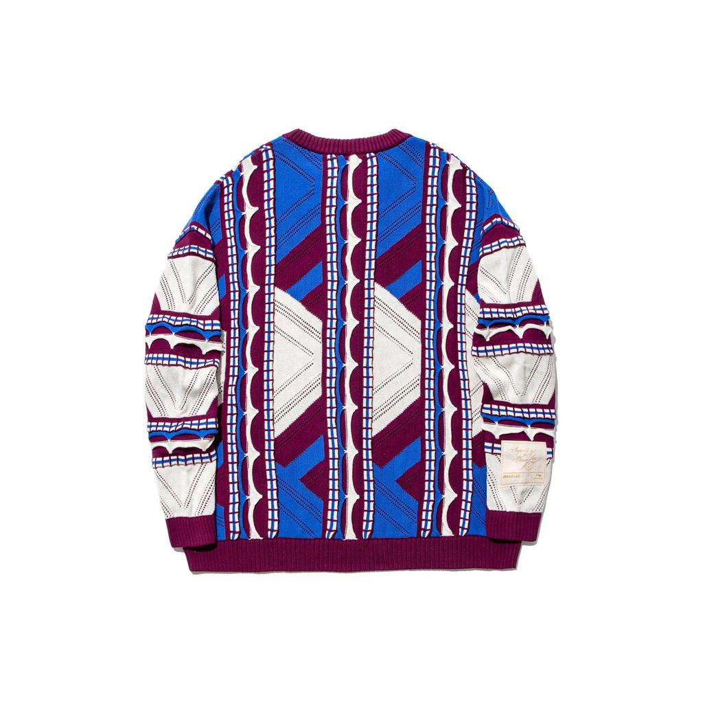 Li Ning Striped All-Over Print Round Neck Loose Pullover Long Sleeve Knit Sweater Men Sweater Purple Blue Cream AMBT237-2