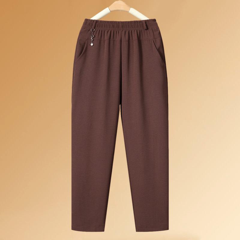 

Mom s High Waist Casual Ice Silk Summer Pants - Plus Size, Straight Leg, Elastic Waist 1XL [45-52 kg] кавовий