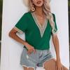 Summer Women's Lace Trim V-neck Short Sleeve T-shirt, European American Style Casual Tops For Women