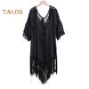 Women Beach Cover Up V-neck Half Sleeve Backless Design Cover Up Solid Color Loose Fit Hollow Crochet Tassel Anti-UV Vacation Dress