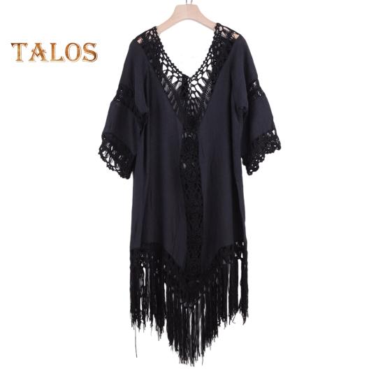 Women Beach Cover Up V-neck Half Sleeve Backless Design Cover Up Solid Color Loose Fit Hollow Crochet Tassel Anti-UV Vacation Dress