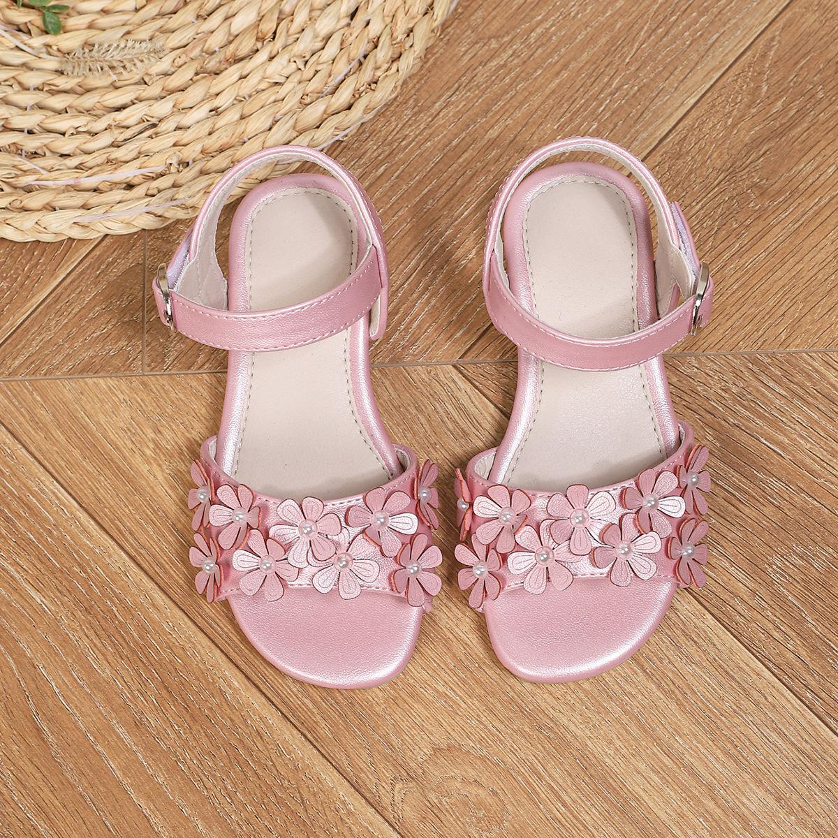2026 Summer Girls  Floral Sandals, White/Pink Princess Style, Soft Sole, Velcro Closure. 28