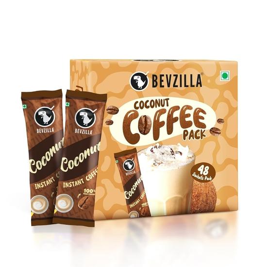Bevzilla 48 Instant Coffee Powder Sachets (Coconut) - 96 Grams | Makes 48 Cups| Arabica Coffee| Easy To Carry
