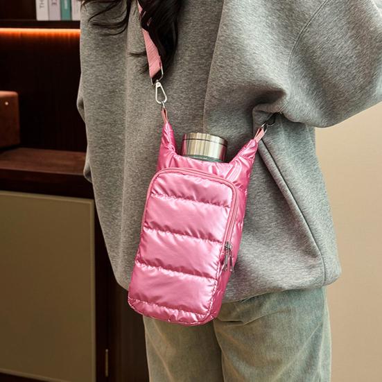 Water Cup Bag with Wide Shoulder Strap Double Zippered Pockets Waterproof Fabric Adjustable Strap Quilted Fabric Phone Bag