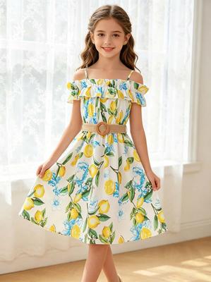 Girls Lemon Print Off Shoulder Ruffle Dress Beach Casual Sundress Kids 4-12Y