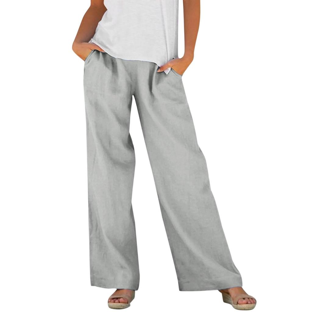 Women's Fashion Relaxed Fit Cotton-Linen Blend Pocket Elastic Waist Wide-Leg Casual Pants
