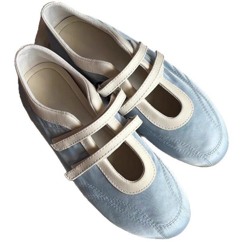 Soft Leather Version~ Velcro Light Mouth Sports Flat Ballet Shoes Women's Fashion Versatile Casual Blue Mary Jane Single Shoes