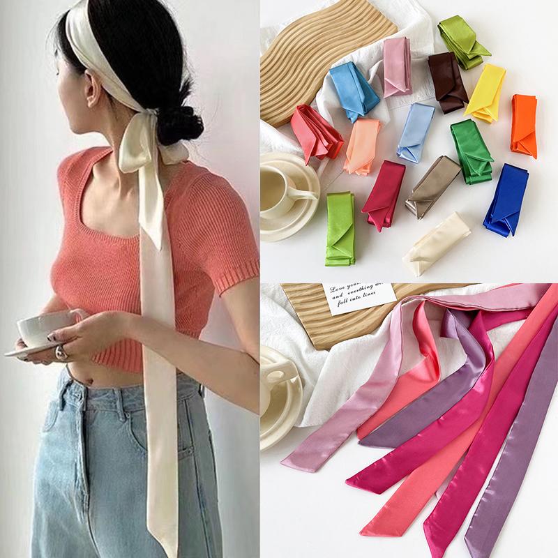5x190cm Women Satin Silk Narrow Scarf Neckerchief Solid Color Neck Scarves Long Silk Scarf DIY Bag Ribbon Head Neck Hair Band