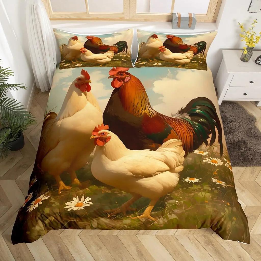Rooster Duvet Cover Set Twin King Size,Watercolor Chicken Farmhouse Animal Bedding Set For Kids Boys Girls Floral Quilt Cover