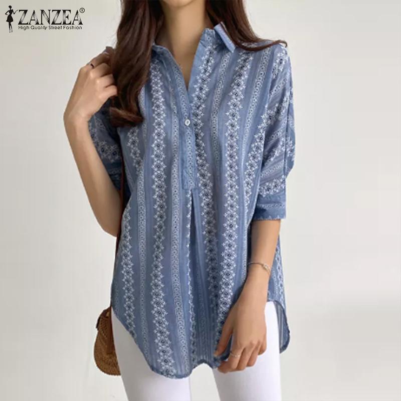 

ZANZEA Женская повседневная летняя блузка с отложным воротником и половиной рукавов