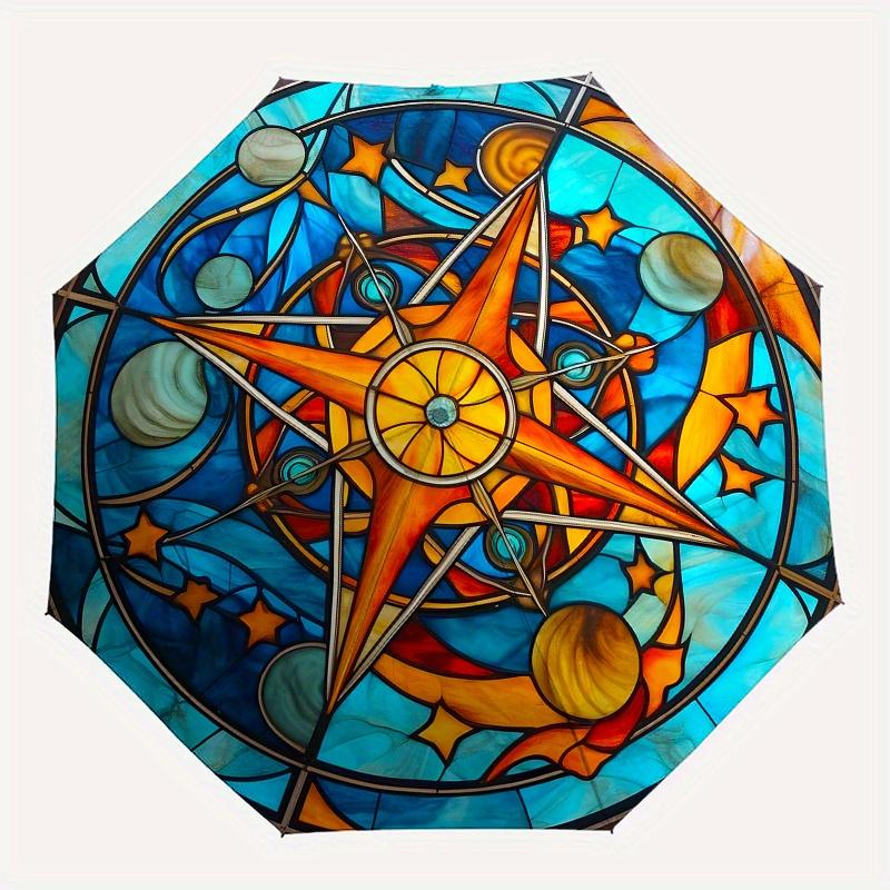 Stained Glass Compass Rose Window Panel, Celestial Design for Home Decor Umbrella, Cute Umbrella with Cute Design, Portable 3-Fold Compact Umbrella fo
