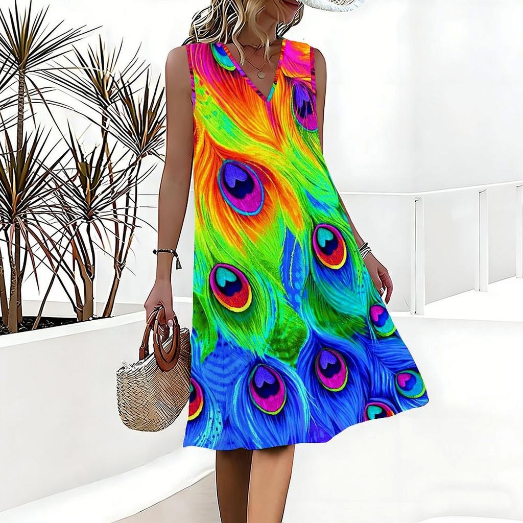 Plus Size V Neck Sleeveless Dress Cloud Wrapped Mountain Waterfall Print For Remote Scenic Travel