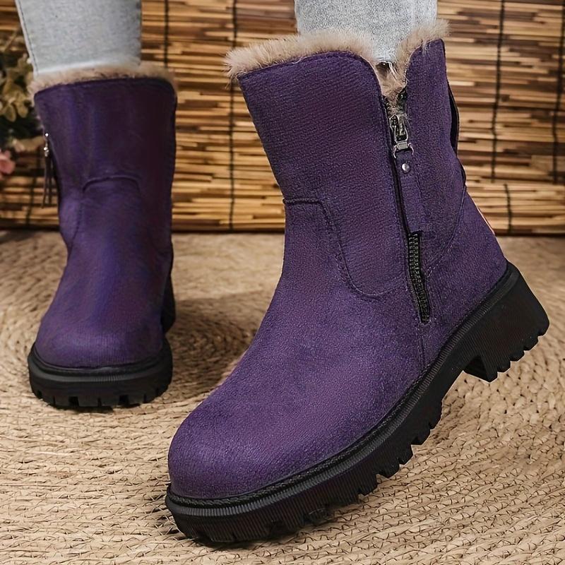 Women's Vintage Plush Fleece-Lined Winter Boots - Deep Purple Round-Toe Mid-Calf Boots