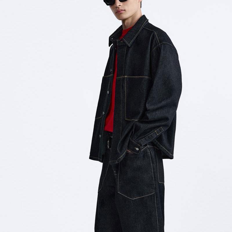 Zara Ss24 Year Of The Dragon Limited Edition Pocket Design Single-Breasted Square Neck Denim Long Sleeve Shirt Men Shirts Blue 7627408-400