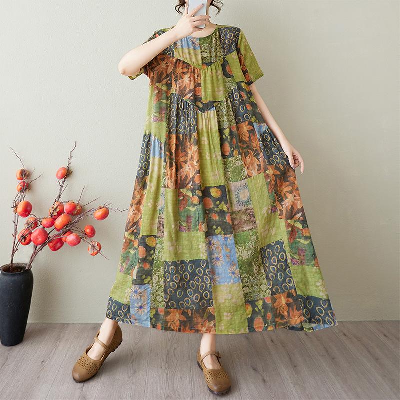 

2025 Summer Retro Cotton Linen Printed Dress - Round Neck, Short Sleeve, Loose Fit, Plus Size, Slimming Patchwork. One Size цветочный/желто-зеленый