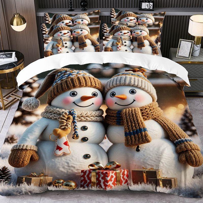 Christmas-themed Printed Duvet Cover and Pillowcase Set Santa Claus Reindeer Sleigh Christmas Tree Snowflakes 2pcs/3pcs Bedding