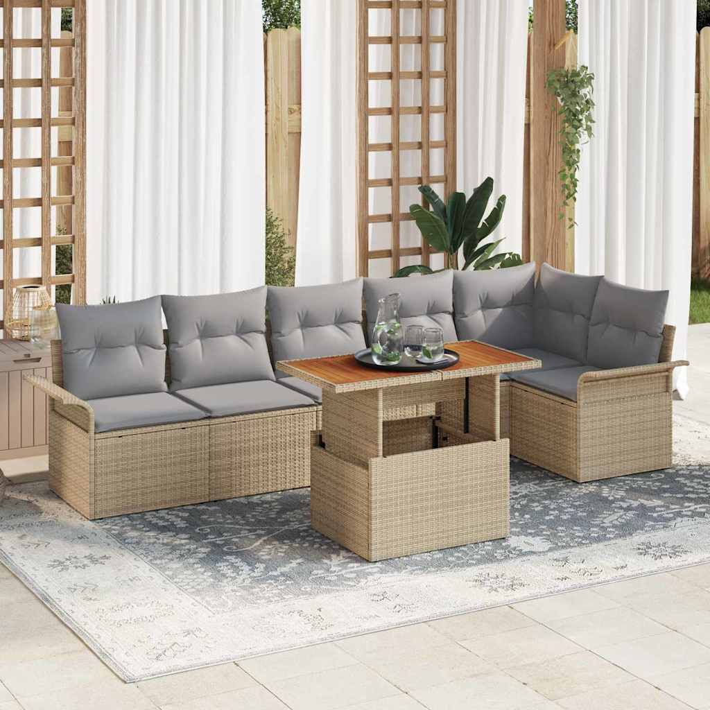 Garden Sofa Set with Cushions 7 Pcs Beige and Light Grey Poly Rattan