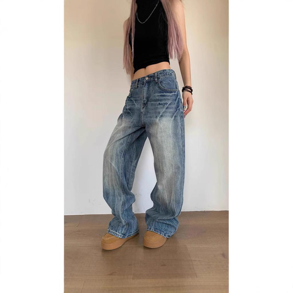 Spring American washed lightning pattern straight jeans men's and women's loose and versatile trousers tide