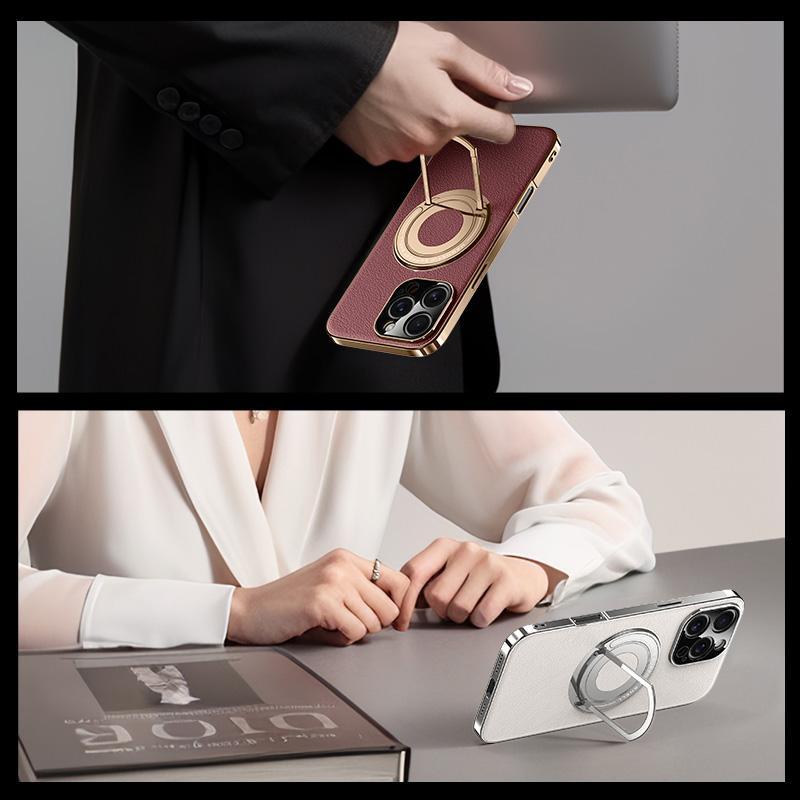 Luxury Magnetic Leatherette Bracket Phone Case For IPhone 16 15 14 13 Pro Max Magsafe Wireless Charging Hidden Stand Back Cover
