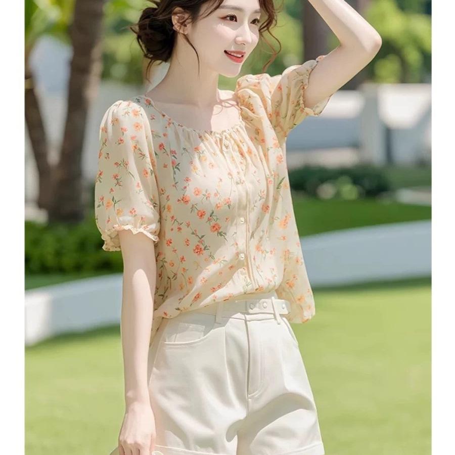 New light luxury high-end French shirt temperament top chiffon floral short-sleeved shirt women's summer