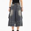American Style Women Vintage Washed Workwear Denim Shorts with Multiple Pockets Pleated Design Loose Drapey Seven-Foot Pants
