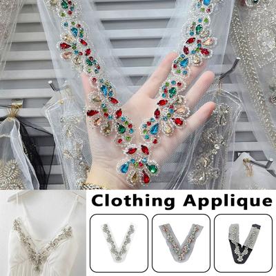 Heavy Industry Bead Rhinestone V-neck Decorative Applique  Lace Mesh Bow Patches Clothing Dress DIY Sewing Accessories