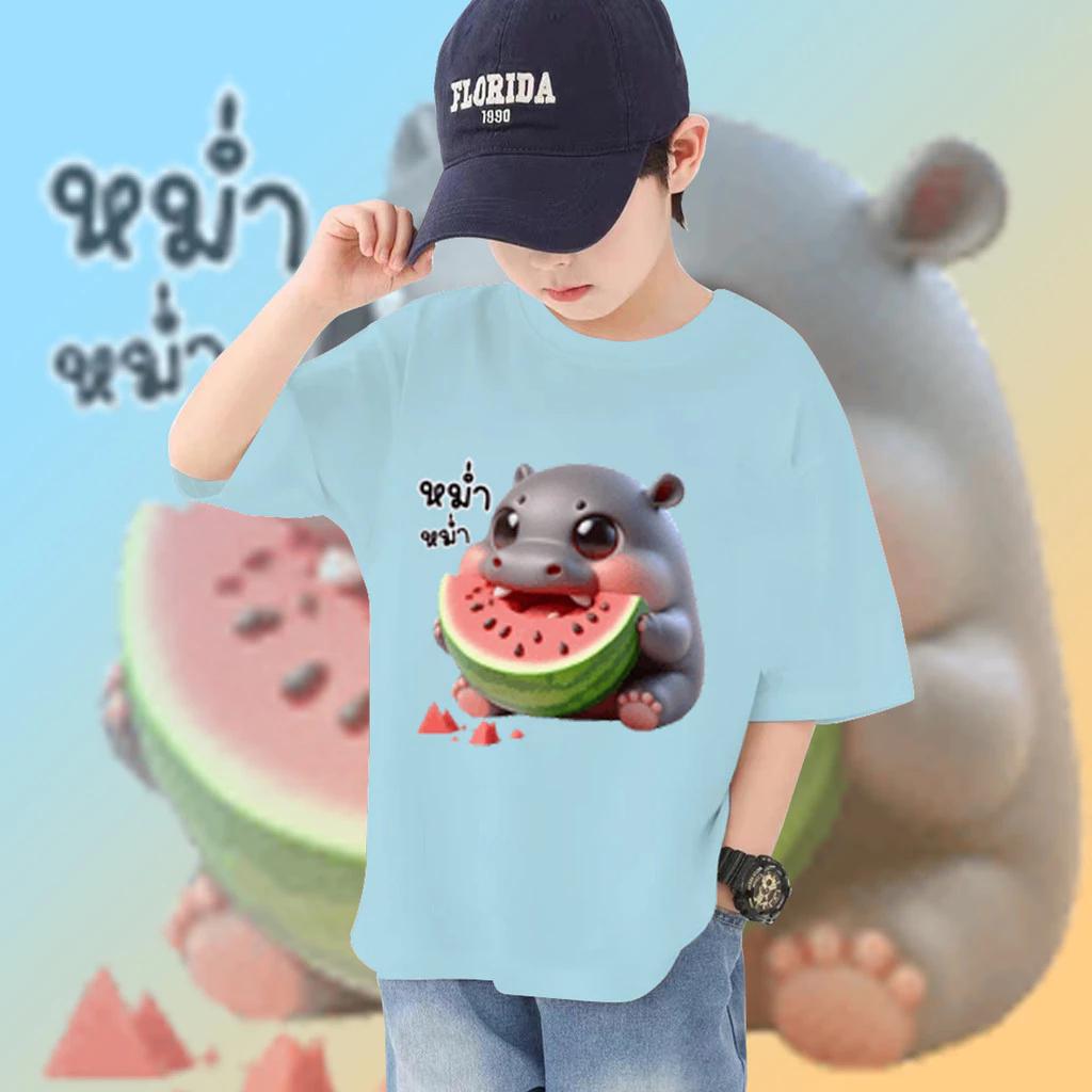 Moo Deng Tiny Baby Hippo Star Thailand Cute Pygmy Hippo Unisex Dziecięcy Chłopiec Dziewczynka T-shirt Arbuz Nadruk Krótki Rękaw Okrągły Dekolt