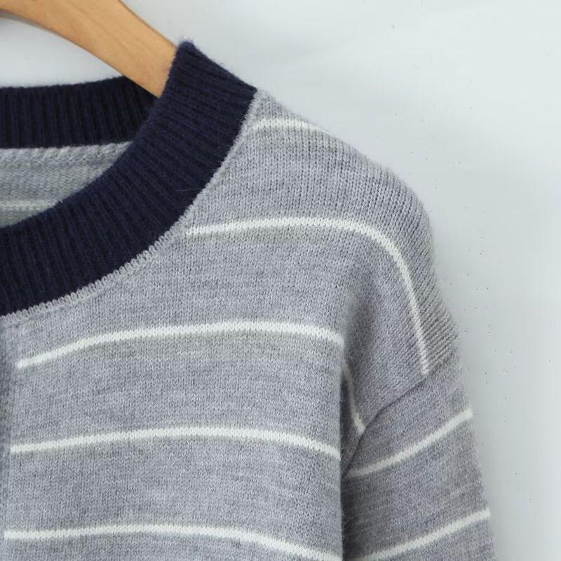 Kaslead New Women Clothes Western Style All-Match Fashion Stripe Round Neck Long Sleeve Sweater Cardigan