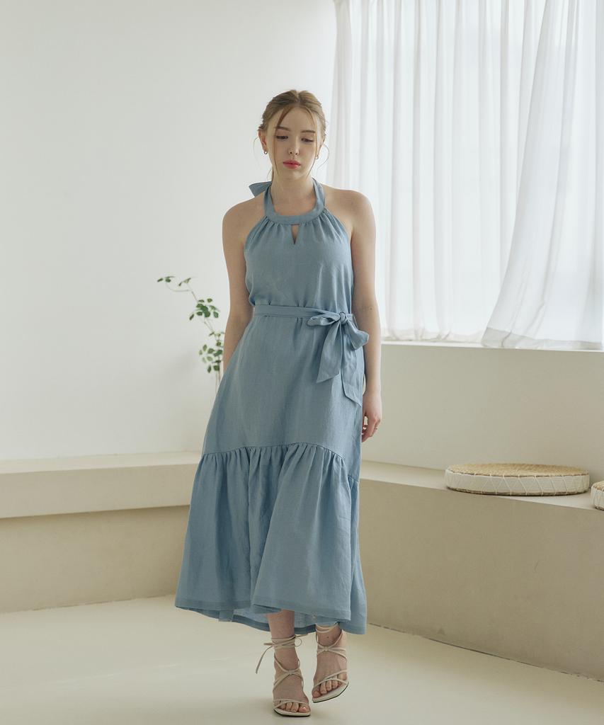 Belrma Sky Linen Back-Open Ribbon Halterneck Dress