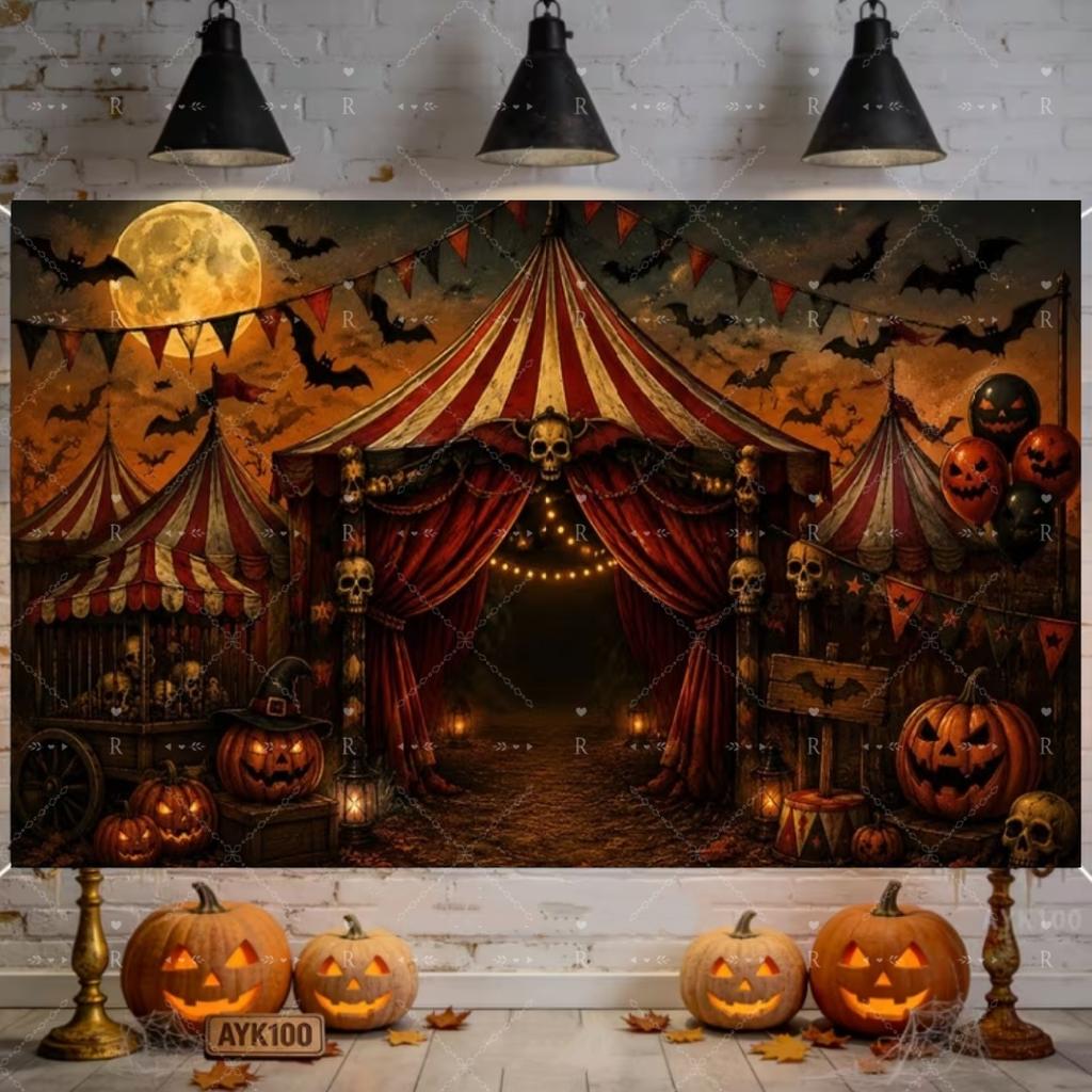 Halloween Decor Supplies Banner Spooky Graveyard Pumpkin Bat Skull Background Festival Party Decor Photography  Backdrop Props487