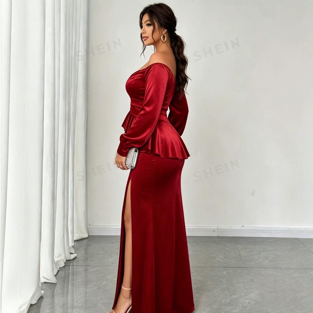 Large size red banquet dress long dress, deep V off-the-shoulder high-quality annual meeting party dress D