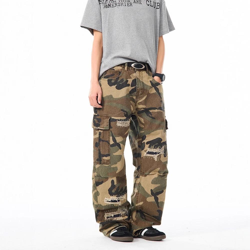 American street wash camouflage multi-pocket overalls men's trendy brand ripped patch straight pants summer casual pants
