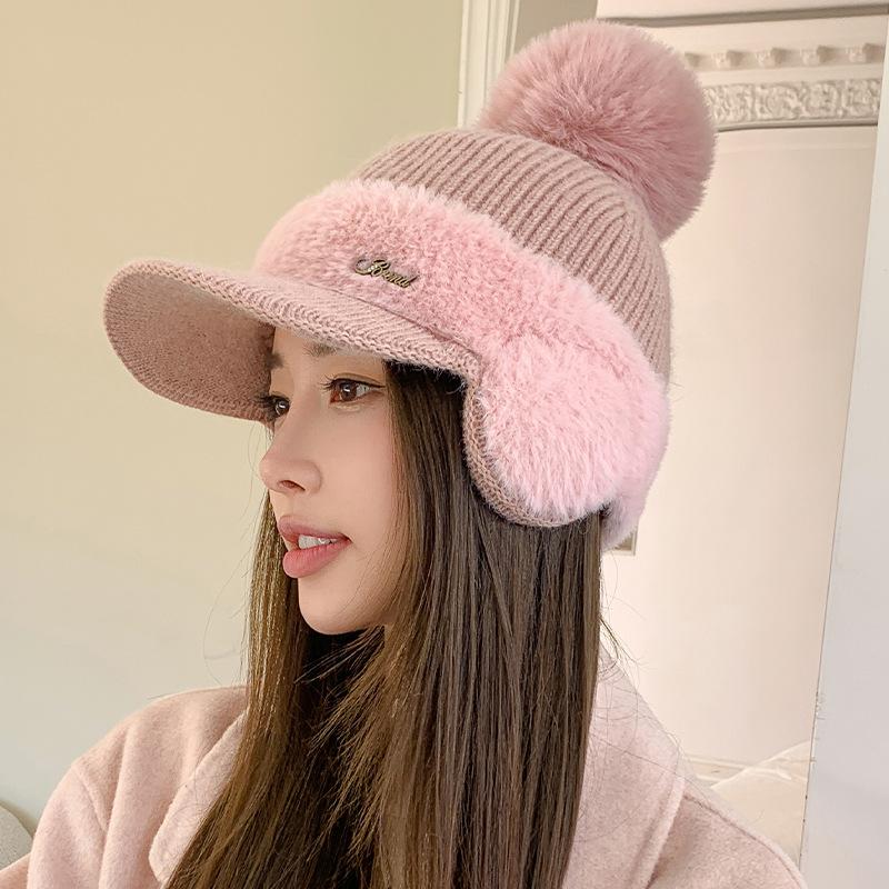 

Warm Women s Autumn and Winter Ponytail Knitted Baseball Cap Thickened Outdoor Riding Cold Ear Protection Cap рожевий
