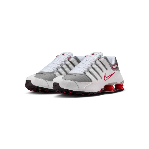 Nike Baskets Shox NZ Unisexes Blanc Rouge Université-Noir-Argent Métallique 378341-104