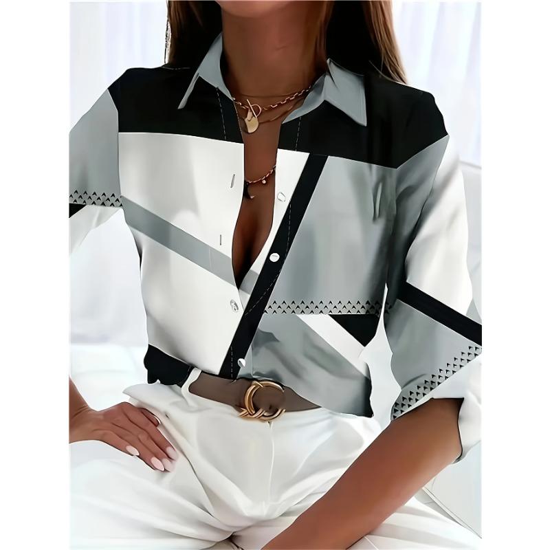 Camicia da Donna Geometrica Stampata in 3D in Poliestere a Manica Lunga Versatile per Primavera e Autunno Moda Quotidiana Camicia con Bavero