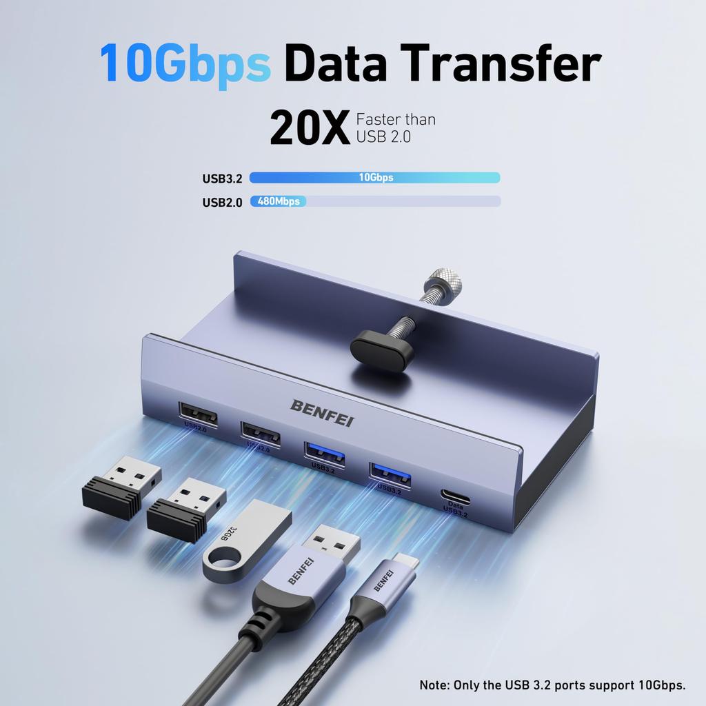 BENFEI USB C-hub med säker klämma Gigabit 100W PD 10Gbps 2 och 2 Kompatibel med iPad och XPS17 8-i-1 - 4K@60Hz HDMI, Ethernet, Laddning, USB-C,